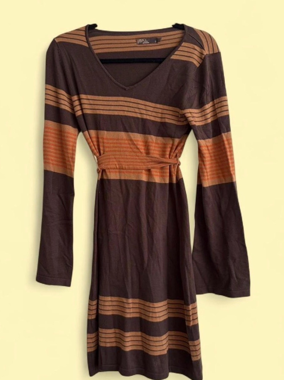 Prana Brown & Tan Striped V-Neck Long-Sleeve Dress